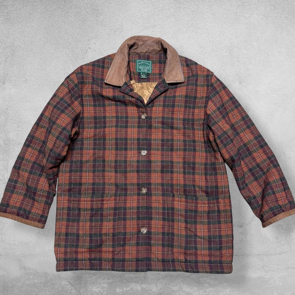 Vtg 90s Ralph Lauren Outdoor Jacket Lambswool Leather Barn Chore Coat Boxy Plaid